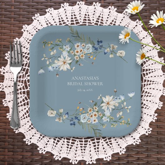 Rustic Dusty Blue Wildblumen & Daisies Dusche Pappteller