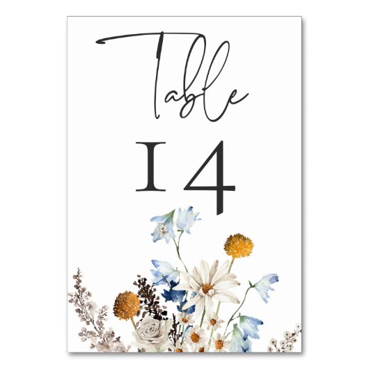 Rustic Dusty Blue Wildblumen & Daisies Dusche Tischnummer (Vorderseite)