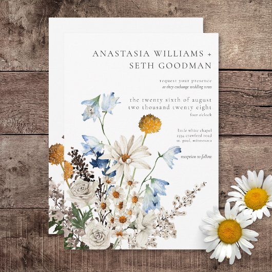 Rustic Dusty Blue Wildblumen & Daisies Einladung