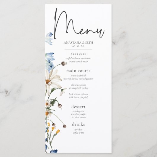 Rustic Dusty Blue Wildblumen & Daisies Long Menükarte (Vorderseite)