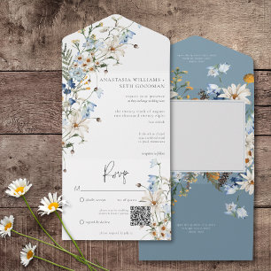 Rustic Dusty Blue Wildblumen & Daisies QR Code All In One Einladung