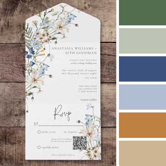 Rustic Dusty Blue Wildblumen & Daisies QR Code All In One Einladung