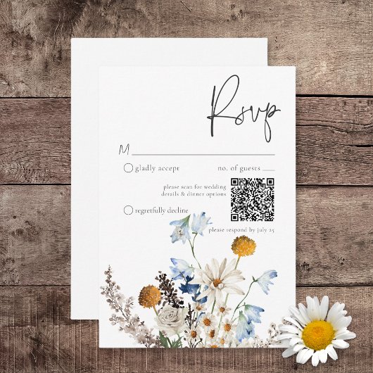Rustic Dusty Blue Wildblumen & Daisies QR Code RSVP Karte