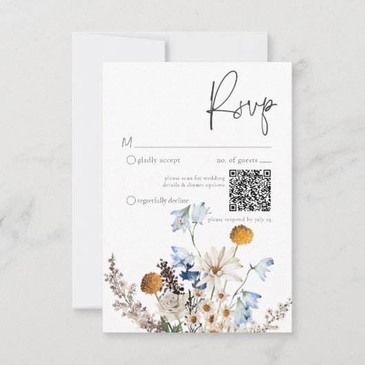 Rustic Dusty Blue Wildblumen & Daisies QR Code RSVP Karte (Vorderseite)