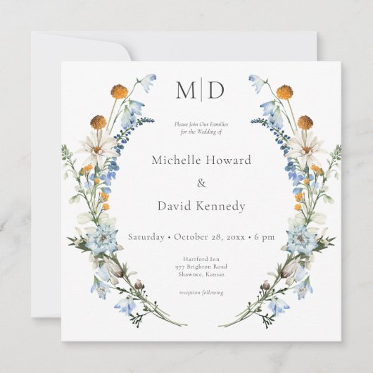 Rustic Dusty Blue Wildblumen & Daisies Square Einladung (Vorderseite)