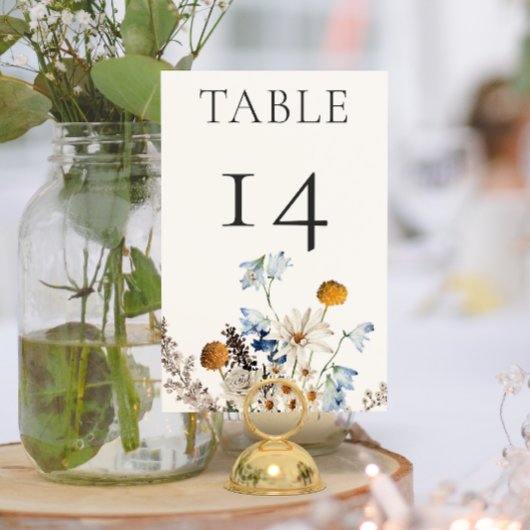 Rustic Dusty Blue Wildblumen & Daisies Wedding Tischnummer