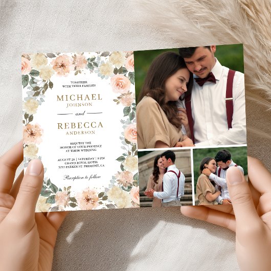 Rustic Dusty Peach Floral Photo QR Code Wedding Einladung