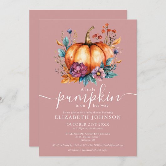 Rustic Dusty Rose Little Pumpkin Girl Babydusche Einladung (Vorne/Hinten)