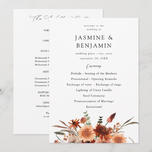 Rustic Earth & Champagne Florals Hochzeitsprogramm Einladung (Vorne/Hinten)