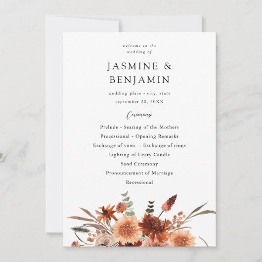 Rustic Earth & Champagne Florals Hochzeitsprogramm Einladung (Vorderseite)