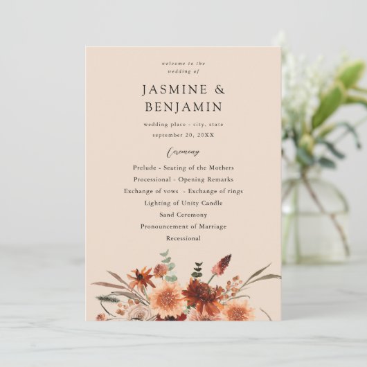 Rustic Earth & Champagne Florals Wedding Program B Einladung (Stehend Vorderseite)