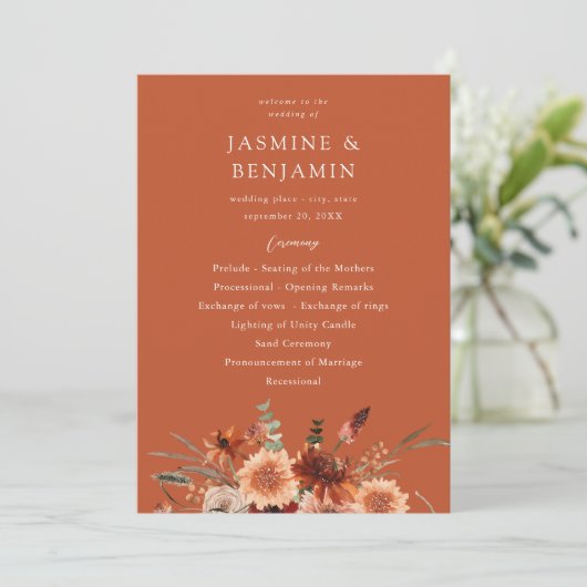 Rustic Earth & Champagne Florals Wedding Program T Einladung (Stehend Vorderseite)