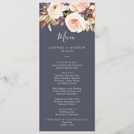 Rustic Earth Florals | Lila Abendmenü Menükarte (Vorderseite)
