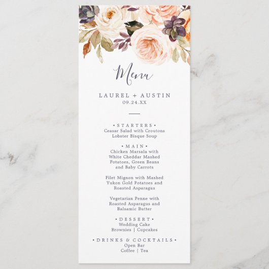 Rustic Earth Florals Menü zum Hochzeitsessen Menükarte (Vorderseite)