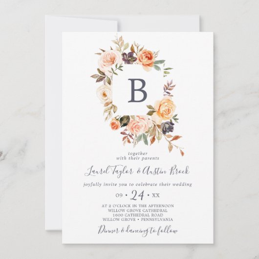 Rustic Earth Florals Monogram Wedding Einladung (Vorderseite)