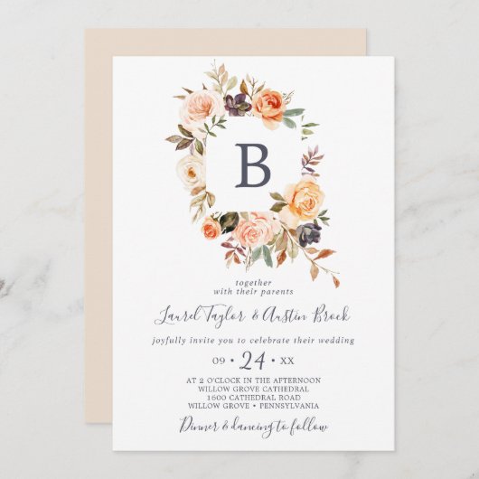 Rustic Earth Florals Monogram Wedding Einladung (Vorne/Hinten)