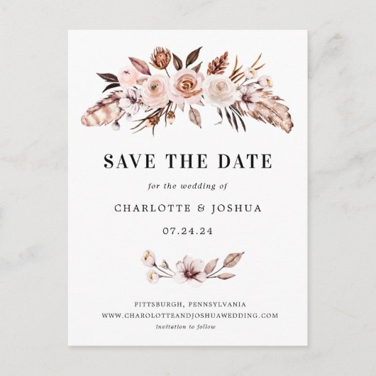 Rustic Earth-tone Boho Save the Date Einladung Postkarte (Vorderseite)