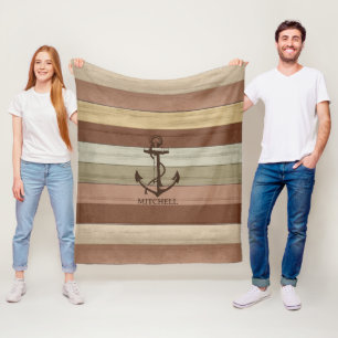 Rustic Earth Tone Wood Nautical ⚓ Stripes & Anch Fleecedecke