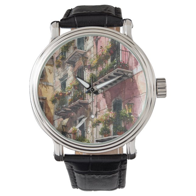 Rustic Earth Tones Balcony Scene Watch Armbanduhr (Vorderseite)