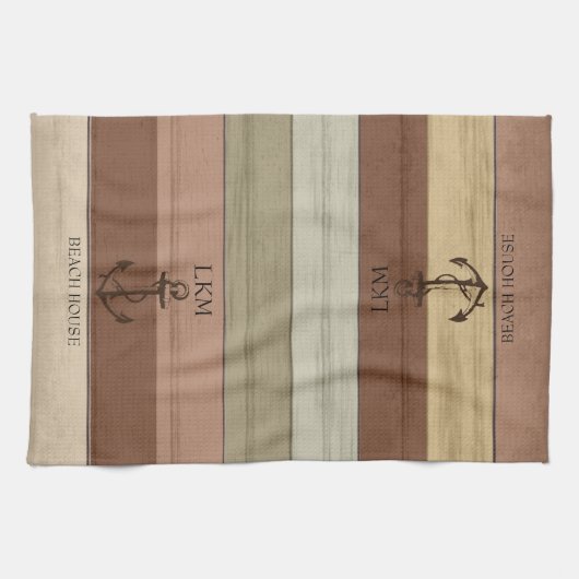Rustic Earth Tones Wood Nautical - Monogram Geschirrtuch (Horizontal)