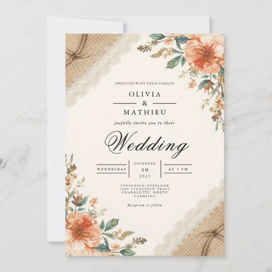 Rustic Earthy Bloom Blüh Wedding Einladung (Vorderseite)