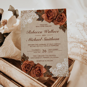 Rustic Earthy Burlap Dusty Terracotta Rose Wedding Einladung