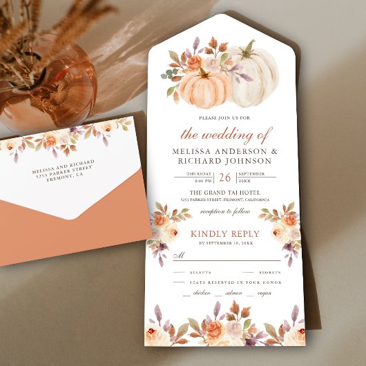 Rustic Earthy Dusty Peach Floral Pumpkin Wedding All In One Einladung