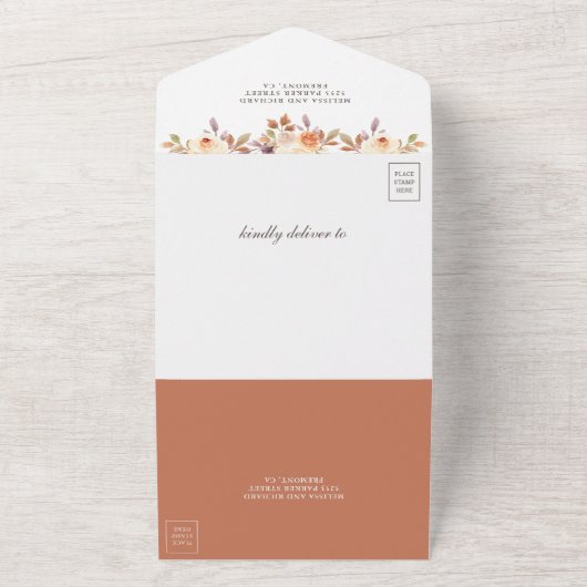 Rustic Earthy Dusty Peach Floral Pumpkin Wedding All In One Einladung (Außenbereich)