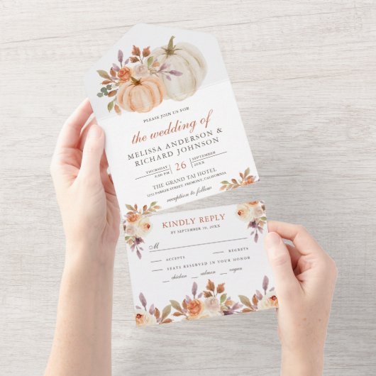 Rustic Earthy Dusty Peach Floral Pumpkin Wedding All In One Einladung (Abreißen)