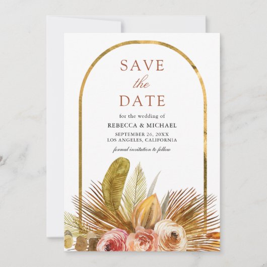 Rustic Earthy Floral Arch Gold Boho Wedding Save The Date (Vorderseite)