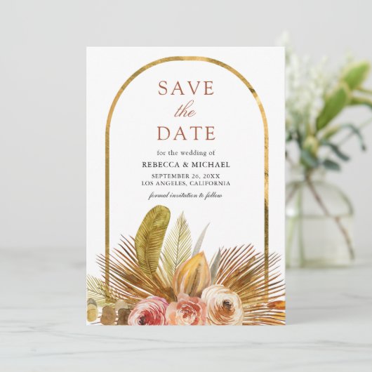 Rustic Earthy Floral Arch Gold Boho Wedding Save The Date (Stehend Vorderseite)