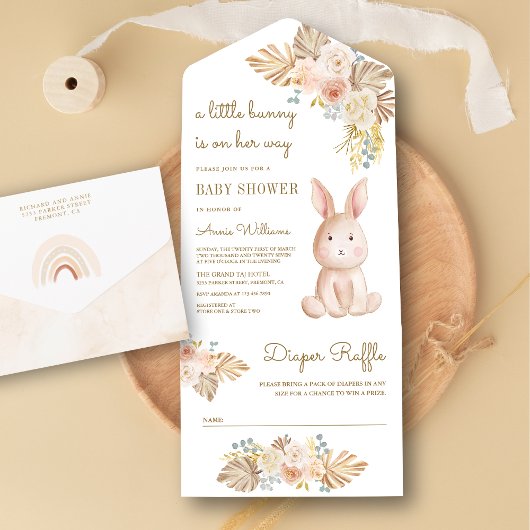 Rustic Earthy Floral Boho Bunny Rabbit Baby Dusche All In One Einladung