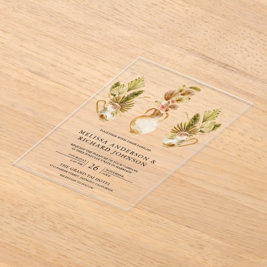 Rustic Earthy Floral Pots Dried Boho Palm Wedding Acryleinladungen (Ablage )