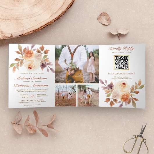 Rustic Earthy Ivory Floral Foto QR Code Wedding Dreifach Gefaltete Einladung