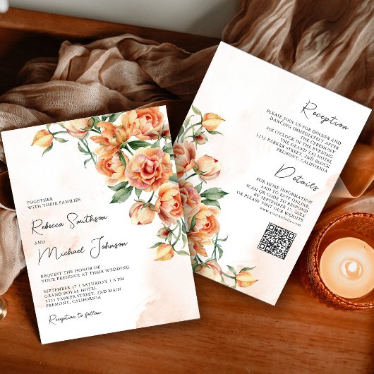 Rustic Earthy Peach Floral QR Code Hochzeit Einladung
