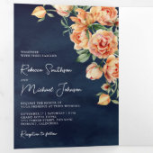 Rustic Earthy Peach Floral QR Code Marine Hochzeit Dreifach Gefaltete Einladung (Innen Erste Seite)