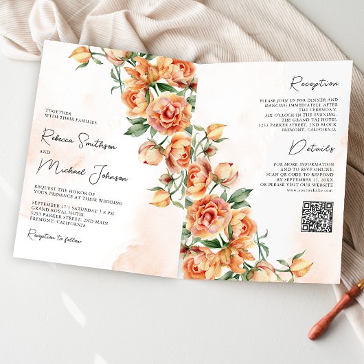 Rustic Earthy Peach Floral QR Code Wedding Einladung