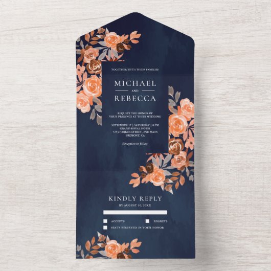 Rustic Earthy Terracotta Floral Navy Blue Wedding All In One Einladung (Innen Boden)