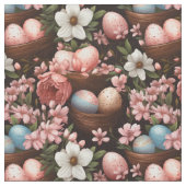 Rustic Easter Eggs & Wicker Basket Floral Fabric Stoff (Nahaufnahme)