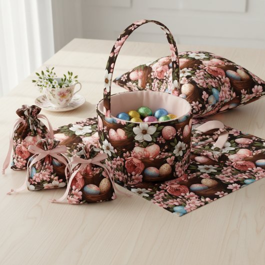 Rustic Easter Eggs & Wicker Basket Floral Fabric Stoff