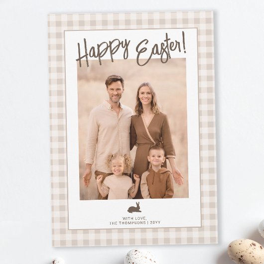 Rustic Easter Family Photo Beige Gingham And Bunny Karte