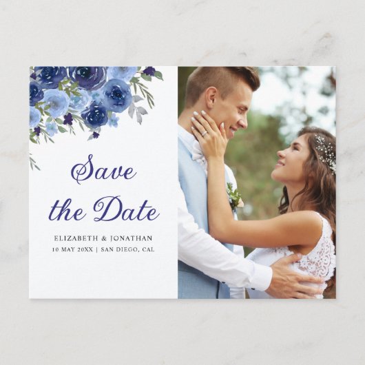 Rustic Elegance – Boho Navy Flower Wedding Postkarte (Vorderseite)