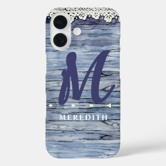 Rustic Elegance Monogram Lace Watercolor Barnwood iPhone 16 Hülle