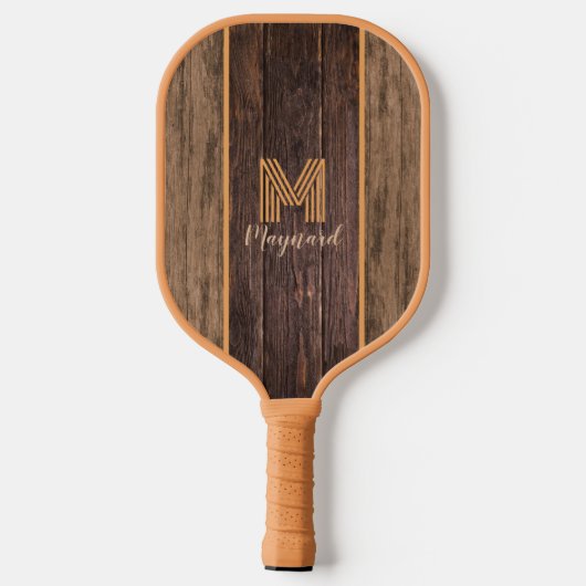 Rustic Elegance Monogram Wood Texture Pickleball Schläger (Rückseite)