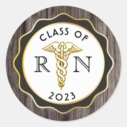 Rustic Elegance RN Caduceus Black | Gold Wood Runder Aufkleber (Vorderseite)