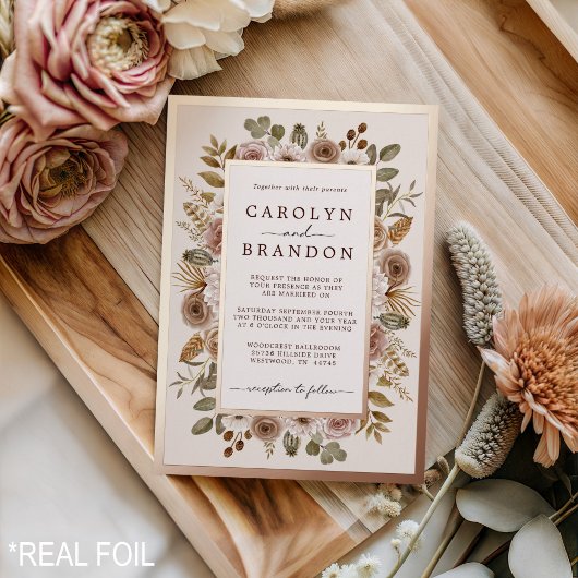 Rustic Elegant Boho Rose Gold Floral Wedding  Foil Folieneinladung