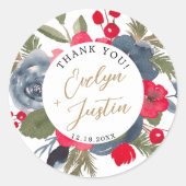 Rustic Elegant Winter Floral red green thank you Runder Aufkleber (Vorderseite)