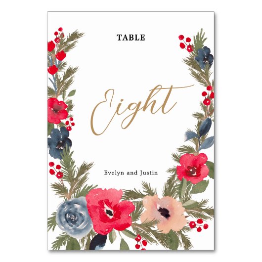 Rustic Elegant Winter Floral red green  Tischnummer (Rückseite)