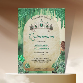 Rustic Emerald Green Tiara Quinceañera Rose Arch Einladung