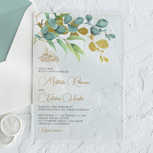 Rustic Eucalyptus Gold Branch Islamic Wedding Acryleinladungen